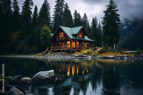 Cabin by the lake at night © Canvas Alchemy