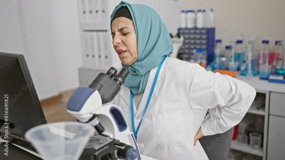 Middle-aged woman scientist using a microscope in a laboratory and experiencing back pain Middle-aged woman scientist using a microscope in a laboratory and experiencing back pain