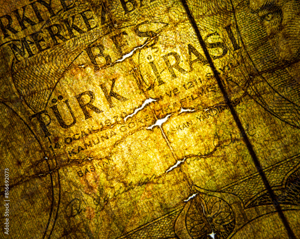 Fototapeta premium Closeup macro shot of a paper currency bill, with various elements of the design