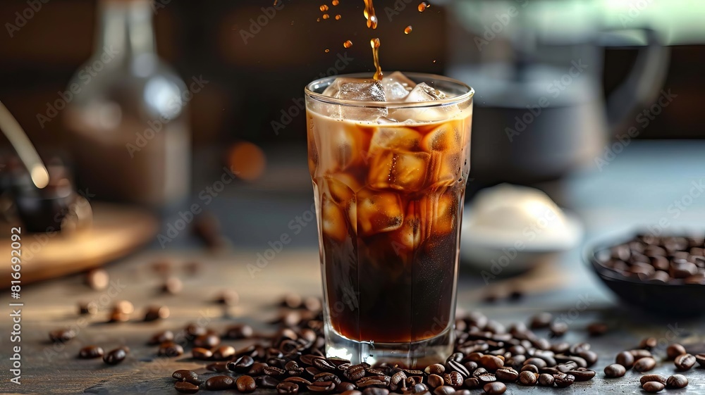 Cold coffee with ice and milk. selective focus. Generative AI, Cold coffee with ice and milk. selective focus. Generative AI,