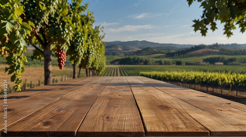 The empty wooden table top with blur background of vineyard,Generative.Ai
