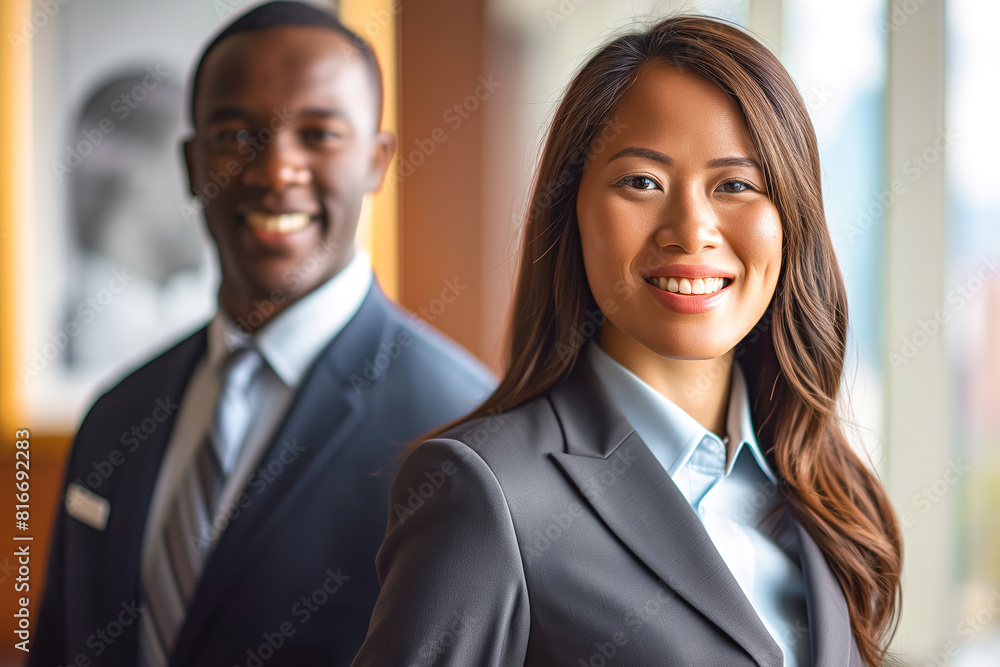 Smiling business man and woman of different races indoors Smiling business man and woman of different races indoors