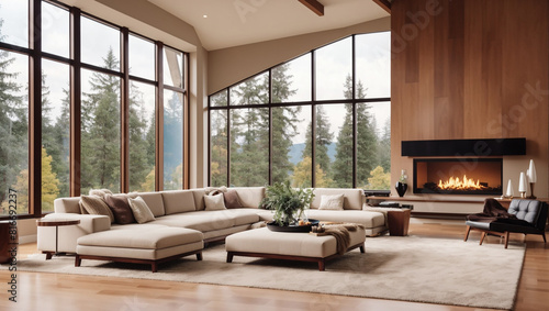 A modern living room with a fireplace  windows  couch  coffee table  rug  and armchair in the room.