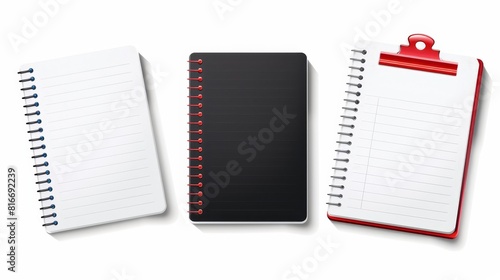 The spirals of notebooks, wire steel rings bindings and springs for calendars, diaries, notepads, document covers, and booklet sheets, isolated on white background in realistic 3D format. photo