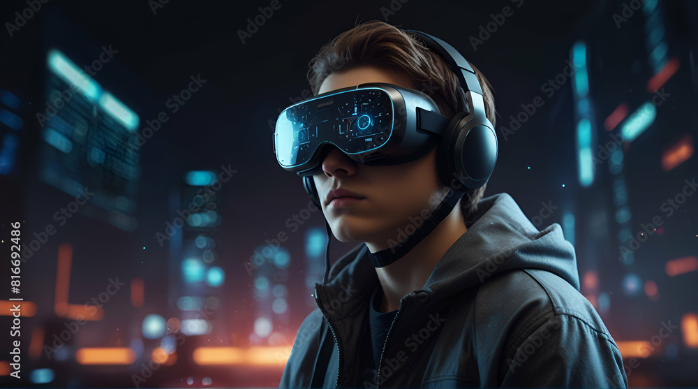 Young man wearing virtual reality headset over glowing lights background,Generative.Ai
Young man wearing virtual reality headset over glowing lights background,Generative.Ai