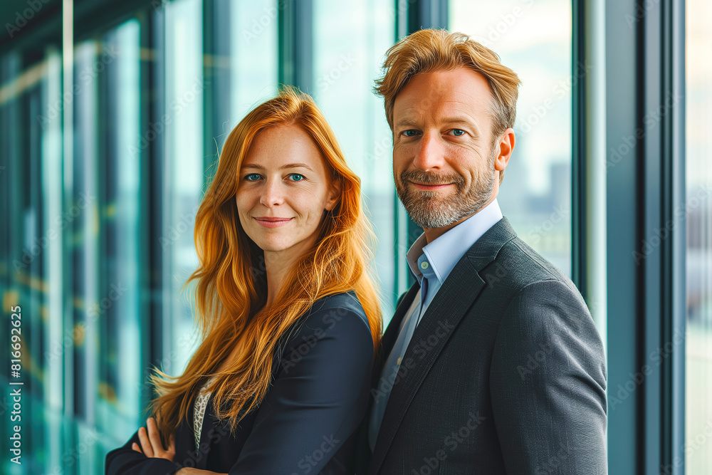 Smiling redhead Businesswoman with Male Colleague