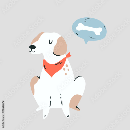 Vector illustration of a funny dog in a neckpiece dreaming about bone