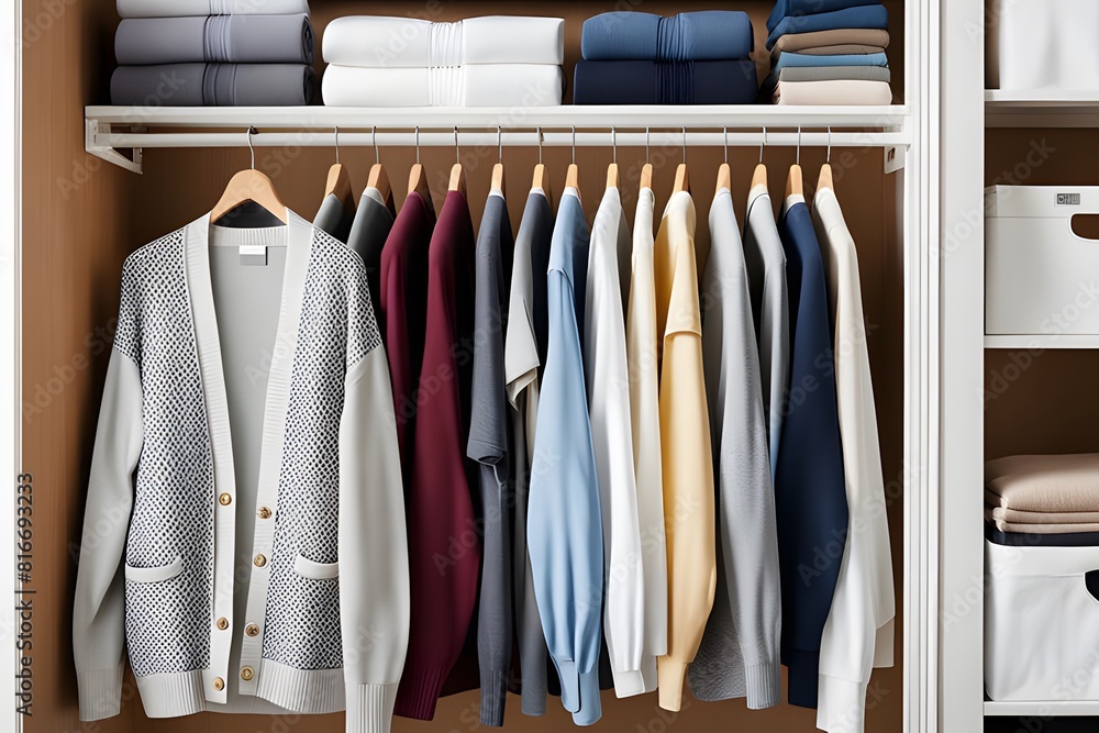 a well-organized closet with neatly folded sweaters and hanging clothes on wooden hangers, ai, generative, 생성형 a well-organized closet with neatly folded sweaters and hanging clothes on wooden hangers, ai, generative, 생성형