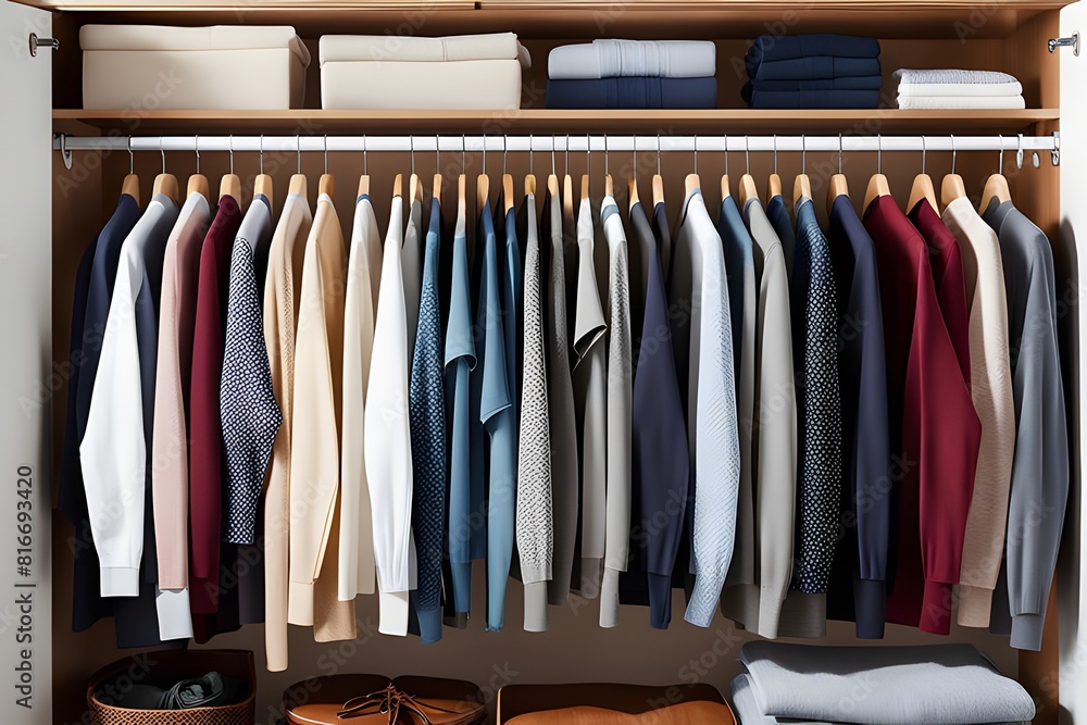 a well-organized closet with neatly folded sweaters and hanging clothes on wooden hangers, ai, generative, 생성형 a well-organized closet with neatly folded sweaters and hanging clothes on wooden hangers, ai, generative, 생성형