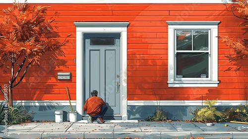 Energy conservation, A homeowner sealing gaps around doors and windows with caulk. Illustration image, Minimal Style, Clean and Clear Color, photo