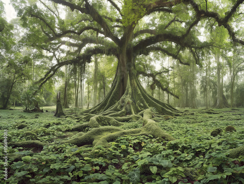 Fantasy a giant green tree genereated by Ai photo