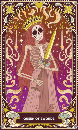 Queen of Swords A tarot card in bohemian tones in a modern style in the form of a skeleton. Modern map illustration, minimalistic cartoon skeleton, simple vector drawing