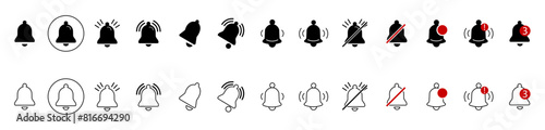 Set of notification bell icons. Symbol of alarm. Notification message. Call and notification for smartphone. Symbol of alarm. Anxiety. Vector illustration