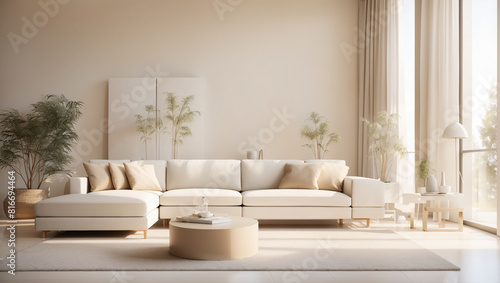 A creamy color living room with a large white sectional sofa  coffee table  rug  plants  and floor lamp.