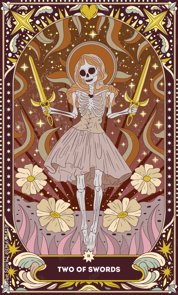 Obraz premium Two of Swords A tarot card in bohemian tones in a modern style in the form of a skeleton. Modern map illustration, minimalistic cartoon skeleton, simple vector drawing