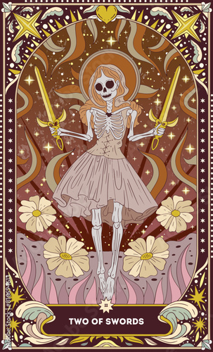 Two of Swords A tarot card in bohemian tones in a modern style in the form of a skeleton. Modern map illustration, minimalistic cartoon skeleton, simple vector drawing