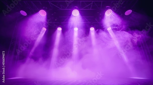Stage lights  spotlight beams with smoke  glowing studio or theater scene lamp rays on black background for presentation of concert or show. Realistic 3D modern illustration.