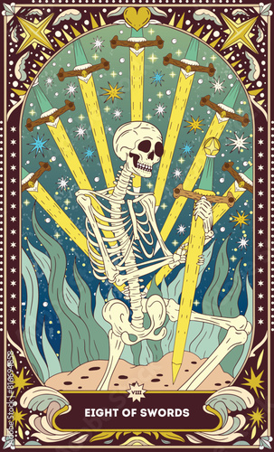 Eight of Swords A tarot card in bohemian tones in a modern style in the form of a skeleton. Modern map illustration, minimalistic cartoon skeleton, simple vector drawing