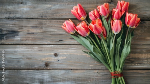Empty mock up with tulip bouquet on wooden table symbolizing Easter delight and Spring rejuvenation