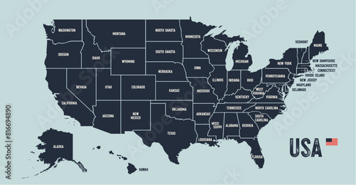 USA Map. Poster map of United States of America. Print of USA with name states, poster or geographic, political theme. Infographic graphic design print map of USA states. Vector Illustration