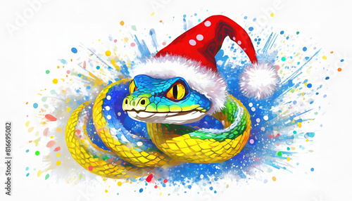 Watercolor New Year's card Merry Christmas and happy new year 2025. Colorful snake in red Santa Claus Christmas hat isolated on the white background.