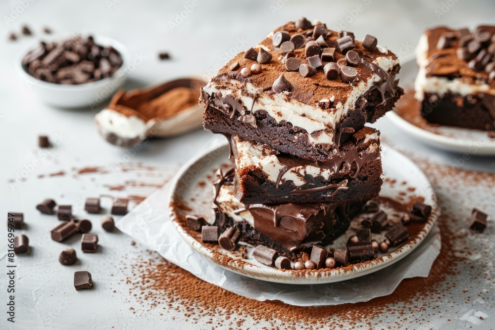 Stack of rich chocolate brownies layered with marshmallow and chocolate chips on a white plate Stack of rich chocolate brownies layered with marshmallow and chocolate chips on a white plate