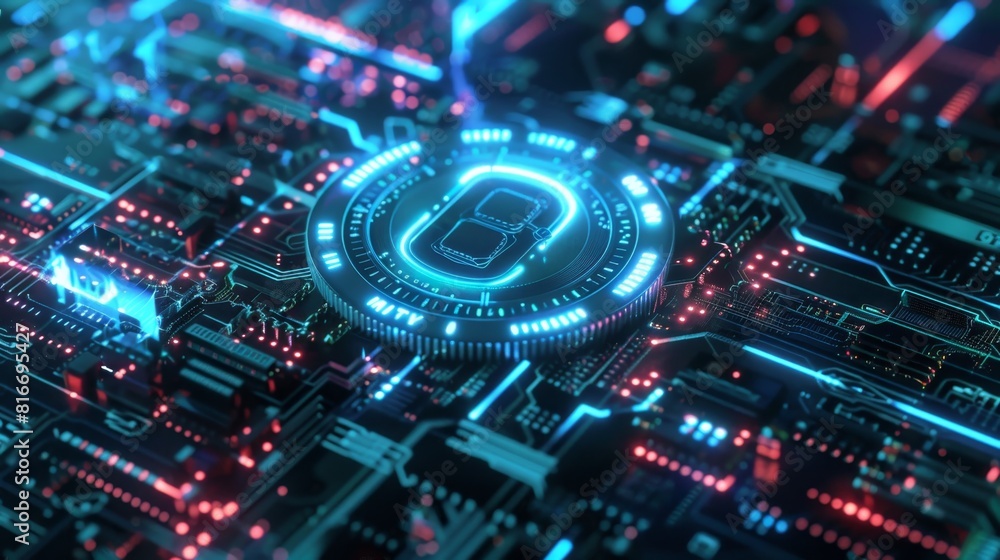 Blue neon bitcoin coin on neon business digital background. 3D illustration. Generative AI. Blue neon bitcoin coin on neon business digital background. 3D illustration. Generative AI.
