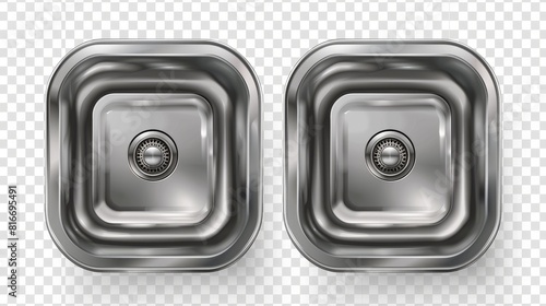Kitchen sinks with faucets in top view. Clean and dirty metal sinks with mixers and utensil drainers isolated on transparent ground. photo