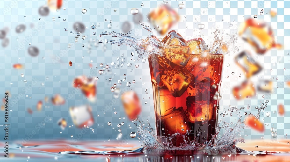 A splashing drink in a glass cup with ice cubes. Realistic 3d modern illustration, clip art of cola, soda, cold tea or coffee. A splashing drink in a glass cup with ice cubes. Realistic 3d modern illustration, clip art of cola, soda, cold tea or coffee.