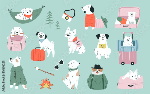 Set of different dogs ready for travelling, adventures. Hand drawn illustrations of pets in different poses, actions. Vacation, journey vibe.