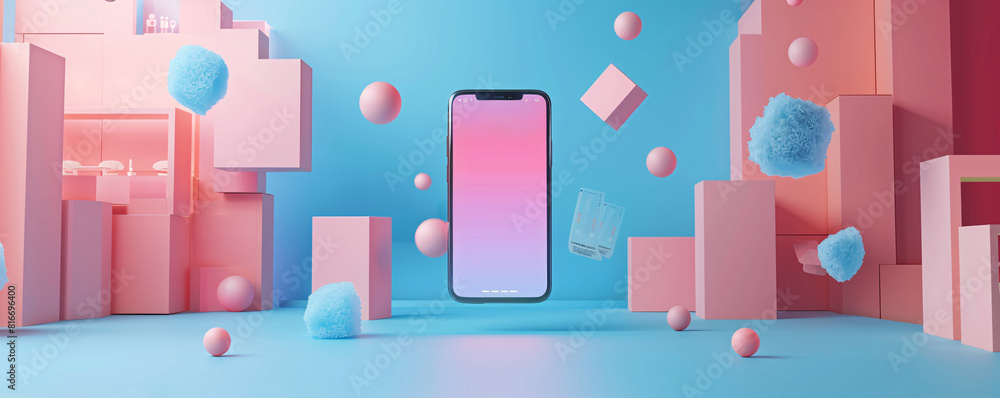 Obraz premium Against a sleek, minimalist backdrop, a 3D-rendered smartphone screen presents an intuitive online shopping interface, with emphasis on digital payment capabilities. This visually compelling image