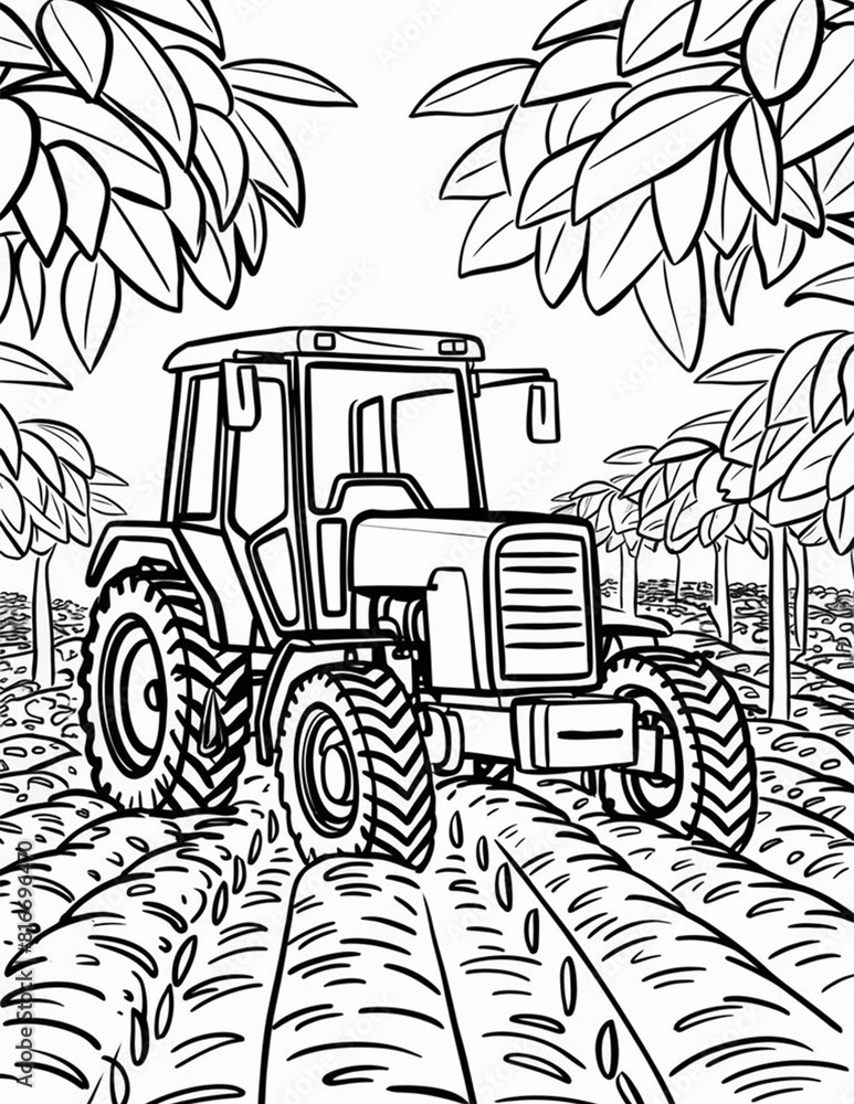coloring page for children with a tractor working in the field