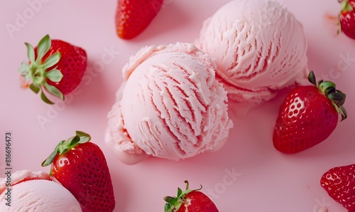 Scoops of strawberry ice cream, Generative AI