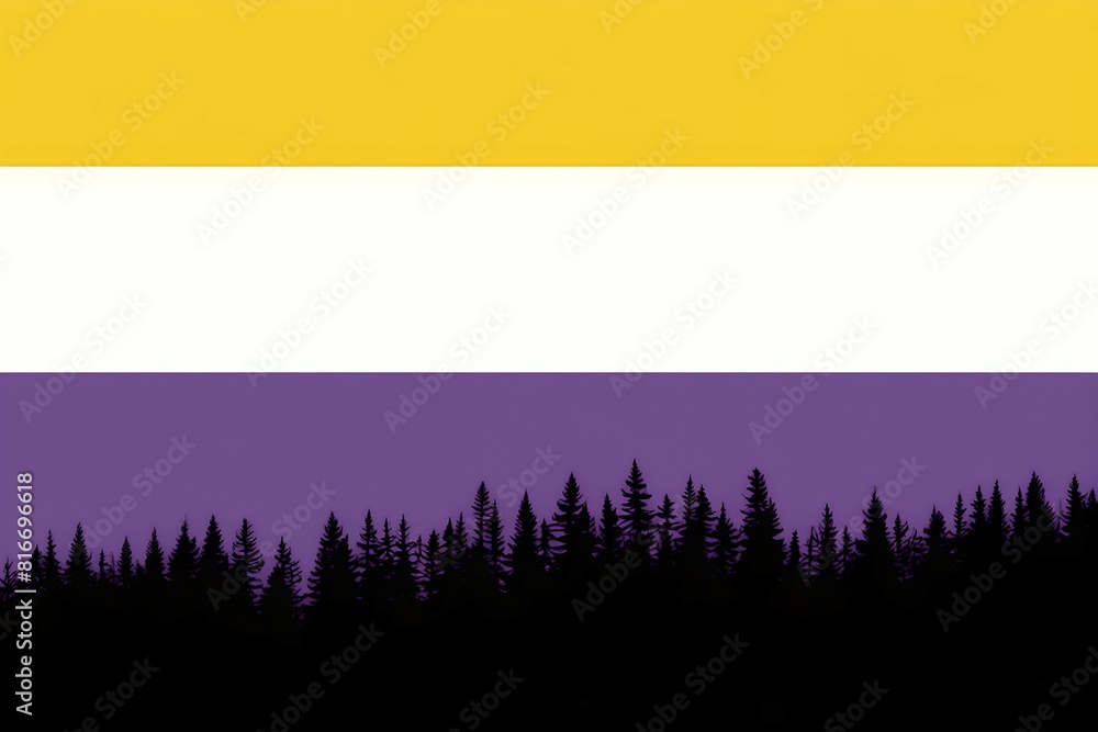 Non-binary flag black stripe embodied in forest silhouettes backdrop Non-binary flag black stripe embodied in forest silhouettes backdrop