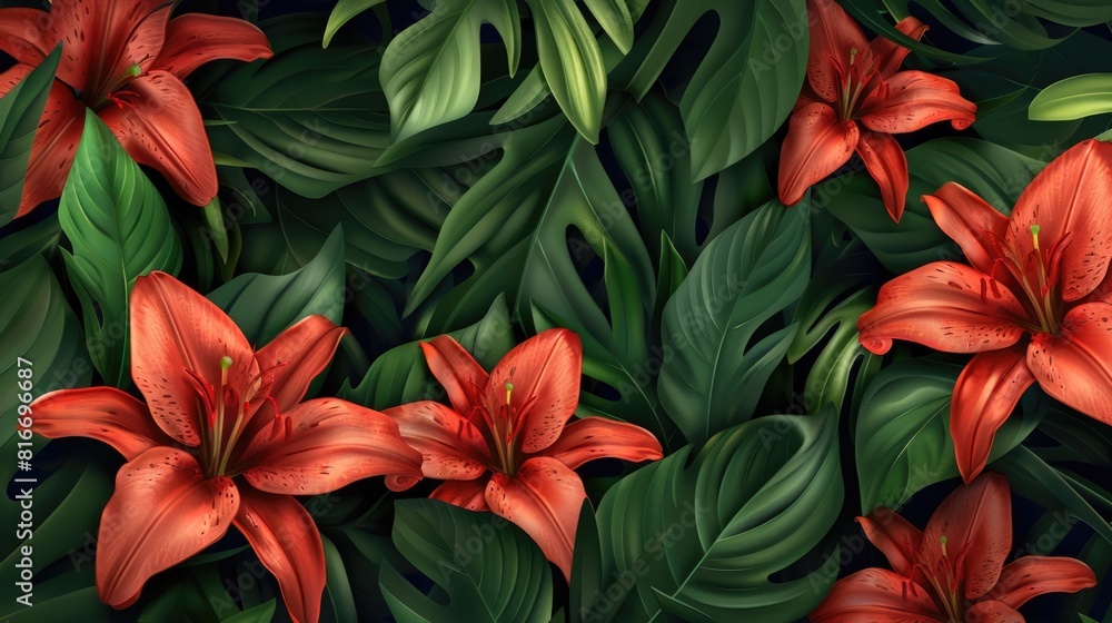 Background of green leaves and red lily flowers. Juicy bright foliage.The texture of large leaves and buds. Beauty is in nature. Background of green leaves and red lily flowers. Juicy bright foliage.The texture of large leaves and buds. Beauty is in nature.