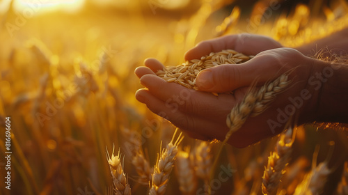 hands holding a grain of wheat against the background of a golden field at sunset. A farmer holds grain in his palms, preparing to plant it for harvest.