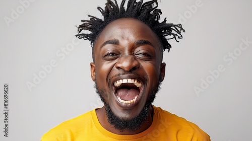 A man with dreadlocks wearing a yellow shirt is laughing heartily