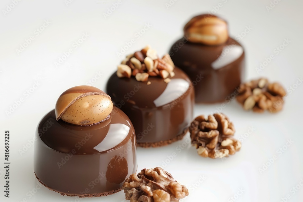 Elegant chocolate cakes adorned with caramel macarons and nuts, against a white background Elegant chocolate cakes adorned with caramel macarons and nuts, against a white background