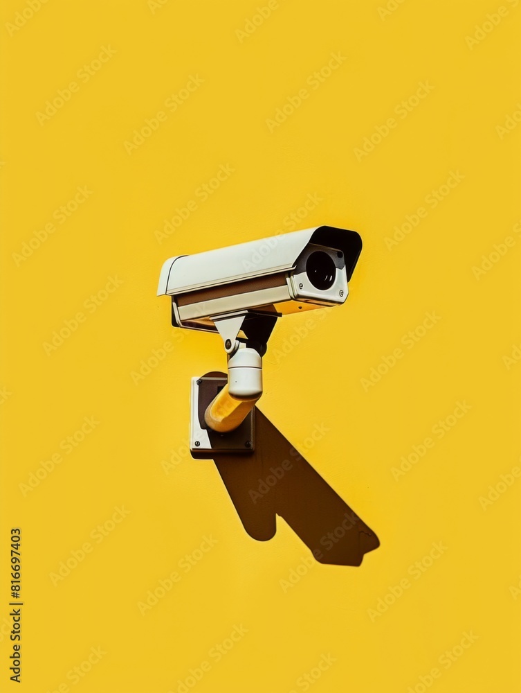 Closeup security camera on a yellow wall. Protection and safety. CCTV surveillance camera Closeup security camera on a yellow wall. Protection and safety. CCTV surveillance camera