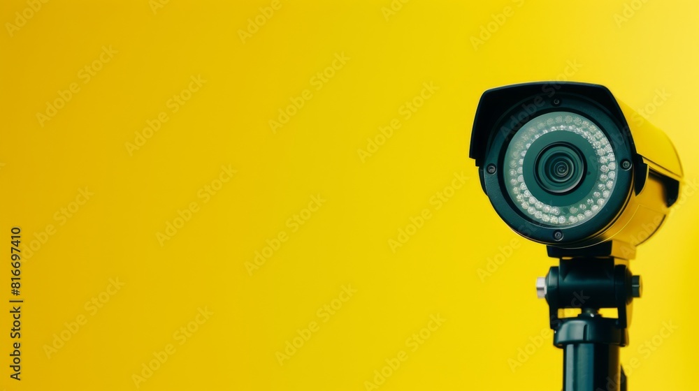 Closeup security camera on a yellow wall. Protection and safety. CCTV surveillance camera Closeup security camera on a yellow wall. Protection and safety. CCTV surveillance camera
