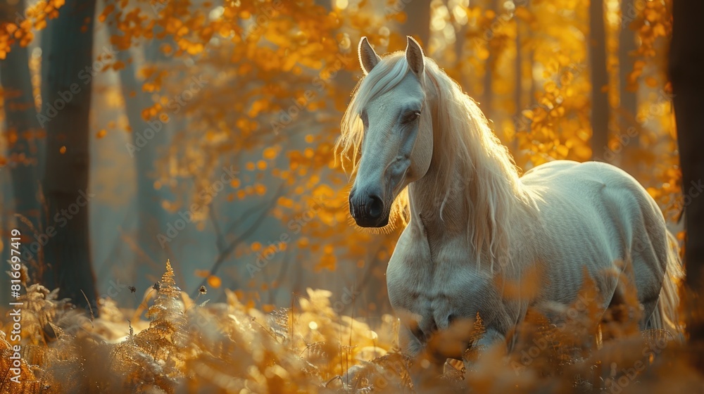 Majestic White Horse in Golden Autumn Forest Majestic White Horse in Golden Autumn Forest