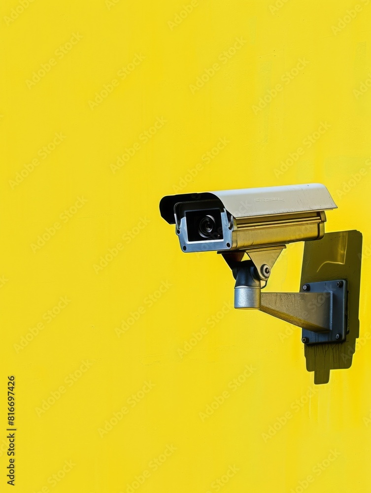 Closeup security camera on a yellow wall. Protection and safety. CCTV surveillance camera Closeup security camera on a yellow wall. Protection and safety. CCTV surveillance camera