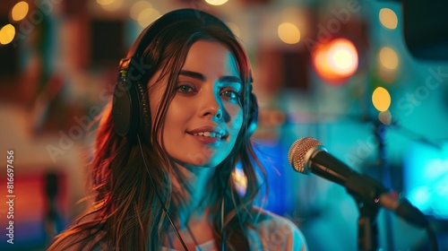 Engaged Radio Host: Young Woman with Headphones Recording a Podcast in Studio