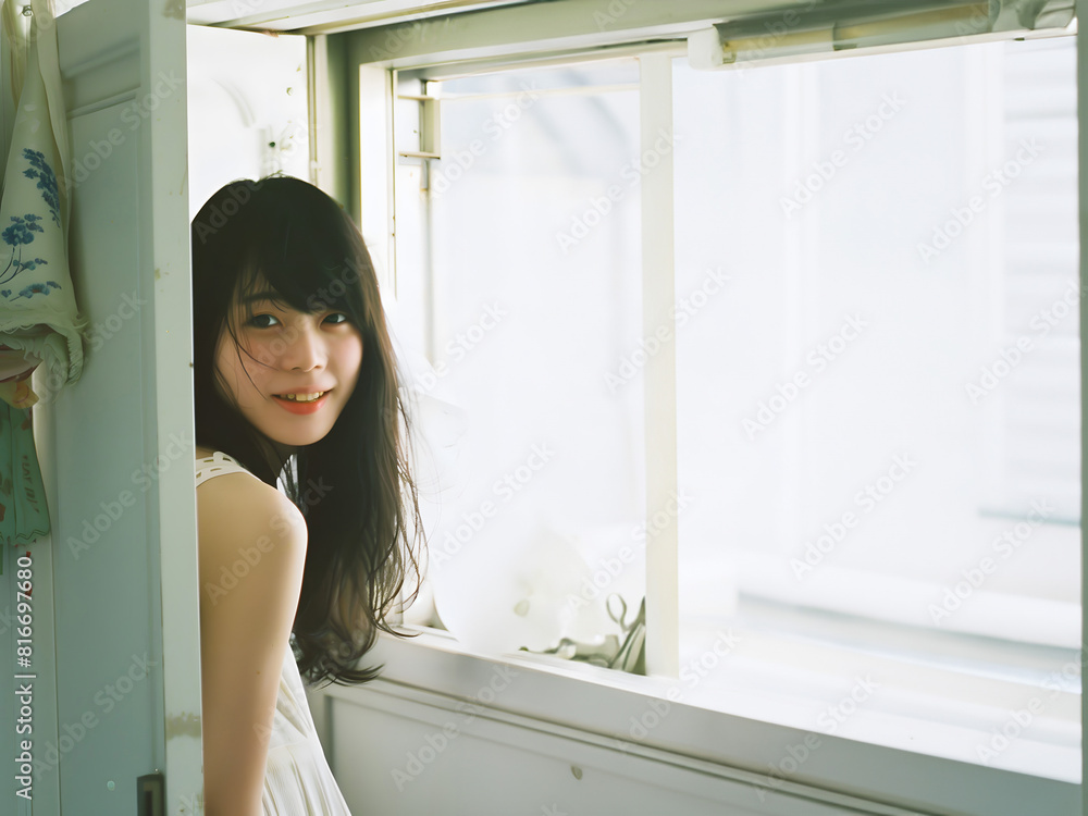 ドアの前のアジア人女性のファッションポートレート ドアの前のアジア人女性のファッションポートレート