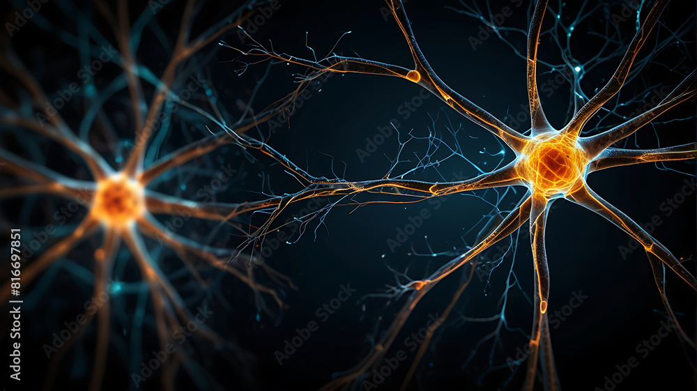 Obraz premium Abstract Glowing image of Neurons and synapse like structure depicting brain chemistry on a dark black background, abstract Brain cell concept 