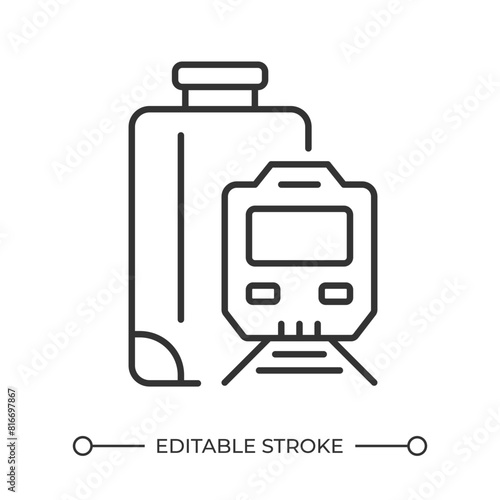 Train travel linear icon. Train and suitcase. Urban transport. Communting. Train station. Eco friendly travel. Thin line illustration. Contour symbol. Vector outline drawing. Editable stroke photo