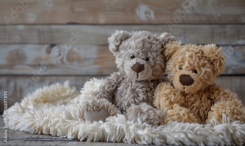  teddy bears sitting on a fluffy blanket, Generative AI