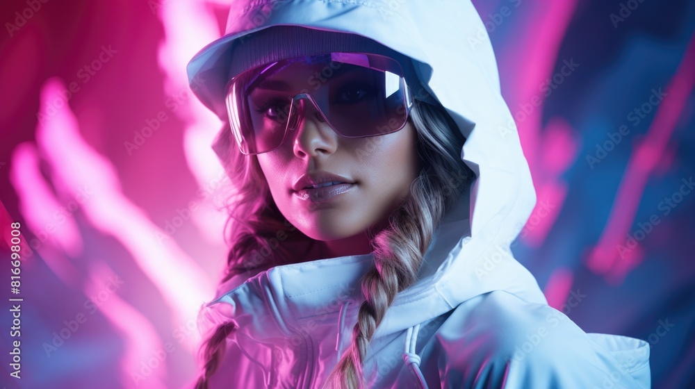 Futuristic Woman in Neon Lights with Stylish Sunglasses and Hoodie Futuristic Woman in Neon Lights with Stylish Sunglasses and Hoodie