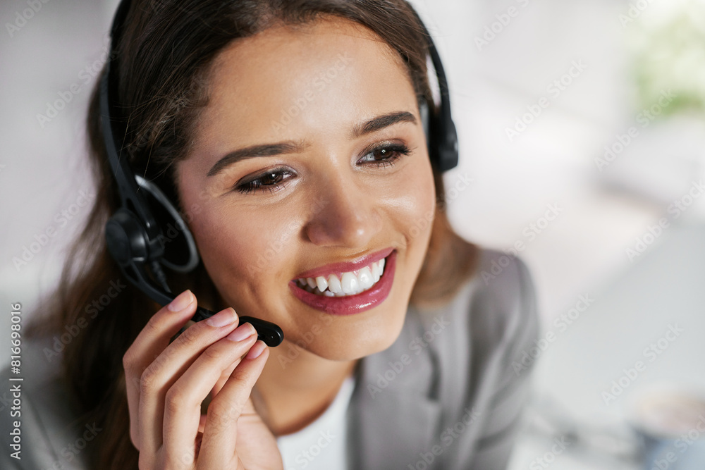 Woman, call center and smile with thinking in office for customer service, telemarketing and help. High angle, headset and consultant with tech at work for ecommerce, crm support and outbound sales Woman, call center and smile with thinking in office for customer service, telemarketing and help. High angle, headset and consultant with tech at work for ecommerce, crm support and outbound sales