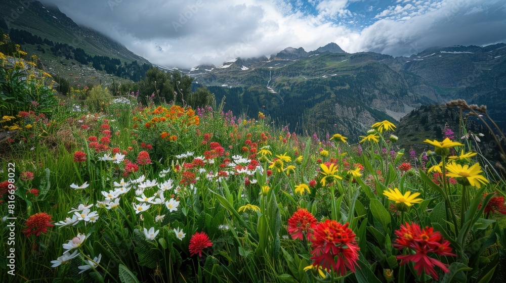 Beautiful and colorful flowers blooming in the mountains